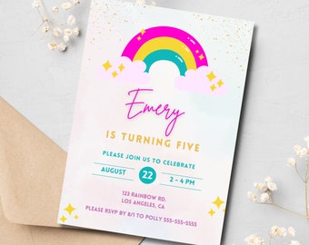 Rainbow Birthday Invitation, Pink Theme, Editable Template (Digital)