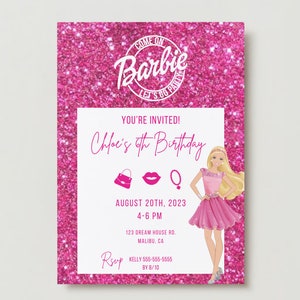 Editable Sparkly Pink Doll Birthday Party Invitation, Digital Template