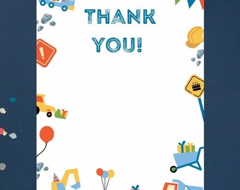 May include: A white card with the words "THANK YOU!" in blue. The card is decorated with construction-themed illustrations, including a cement truck, excavator, and road signs. Colorful balloons and a party hat are also featured.