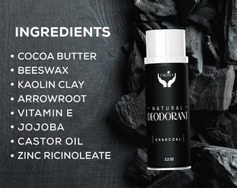 Puede incluir: Un stick de desodorante negro y blanco con el texto "LMDILY - NATURAL - DEODORANT CHARCOAL 2.2 OZ". Los ingredientes se enumeran como: Manteca de cacao, Cera de abejas, Arcilla caolín, Arrowroot, Vitamina E, Jojoba, Aceite de ricino y Ricinoleato de zinc.