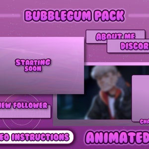 Stream Pack Animated Bubblegum | Cute Pink Purple Twitch Package | Overlays Scenes Transition Panels Alerts | OBS Twitch Streaming