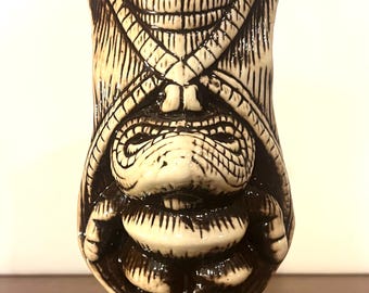 Tiki Mug – 7" Vintage TIKI LIN Polynesian Carved Ceramic Statue Mug | Brown & Cream Glaze | Mid-Century Tropical Barware Hawaii Tiki Bar