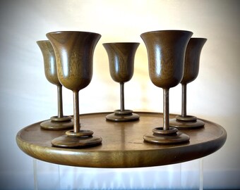 Vintage Hand Turned Wooden Goblet Set w/ Tray – Signed Clay Compton Gatlinburg TN – 5 Goblets