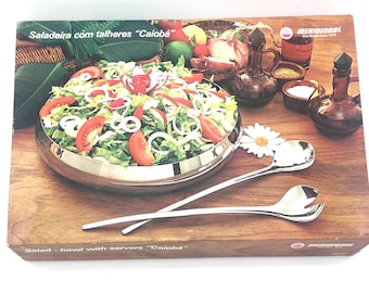 1984 Meridional Caiobá 18/8 Vintage Stainless Steel Salad Bowl & Servers Set Boxed Made in Brazil Mid Century Modern