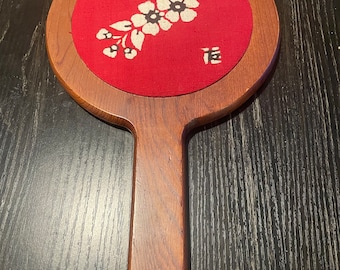 Solid Wood Japanese Hand Mirror Floral Pattern Signed