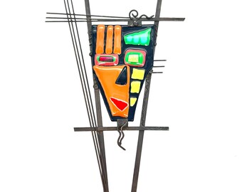 Signed MeKo Abstract Wall Sculpture – Fused Glass & Metal Face Art – Brutalist Atomic Style Studio Art
