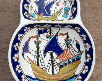 Sıtkı Olçar Turkish Ceramic Double Dish – Hand-Painted Vintage Nautical Art