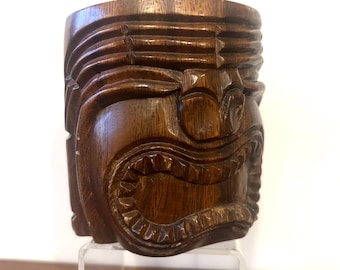 Hand-Carved Wood Tiki Mug – Vintage Monkey Pod Hawaiian Barware