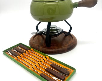 Avocado Green Vintage Fondue Set Porcelain Enamel Japan Wood Base Burner Forks Boxed 1970s