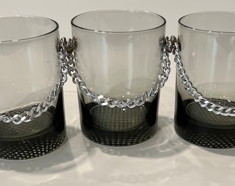 Smoked Grey Vintage Rocks Glasses With Chain Whiskey lowball RARE Set of 3