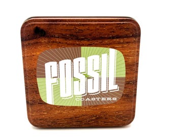Fossil Coaster Set w Tin Box 2006 NOS Sealed Set of 16 Wood Grain Retro Barware Mid Century Appeal