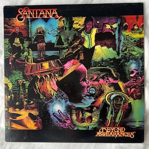 May include: A vintage vinyl record album cover for Santana's "Beyond Appearances." The cover features a collage of colorful, surreal imagery, including figures, landscapes, and abstract designs. The band's name is in a stylized font at the top, with the album title at the bottom.