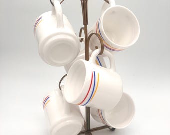 Vintage Arcopal France Opal Glass Coffee Mug Set with Metal Mug Tree | Set of 6 Rainbow Stripe Milk Glass Mugs | 1970s-1980s French Kitchen