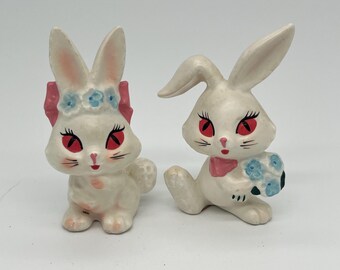 Figuras de conejitos Lefton, par de conejos de ojos grandes, 2967, Japón, mediados de siglo, Pascua, años 50, 60. Adorables.