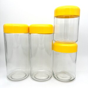 HELLER Massimo Vignelli Yellow Glass Canister Set (4) – Mid Century Modern 1970s Stacking Vintage Containers