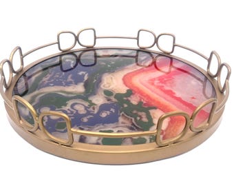 Vintage 1970s Faux Agate Glass Serving Tray Gold Tone Metal Gallery Round 16” Ottoman Bar Tray
