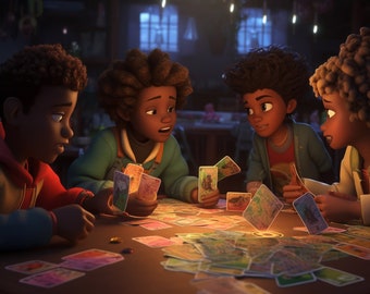 May include: Four friends sit around a table playing a card game. The table is covered in colorful cards with images of animals and plants. The friends are all smiling and laughing as they play the game.