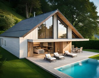 May include: A modern house with a pool, deck, and lawn. The house has a gray roof, white siding, and large windows. The pool has clear blue water, and there are lounge chairs on the deck. The house is surrounded by green grass and trees.