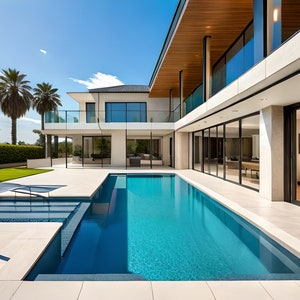 May include: A modern, two-story house with a swimming pool. The house has large glass windows and doors, a white exterior, and a wooden ceiling. The pool has clear blue water and is surrounded by a light-colored stone patio. Palm trees are visible in the background.