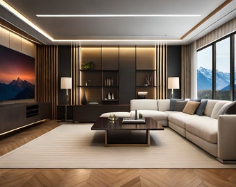 May include: A modern living room with a large sectional sofa, a coffee table, and a large flat-screen TV mounted on the wall. The room has a minimalist design with dark wood floors and a white rug. The windows offer a view of a mountain range.