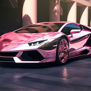 May include: A pink Lamborghini sports car parked on a paved street in front of a building. The car has a shiny, metallic finish.