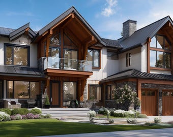 May include: A large, modern house with a combination of stone, wood, and dark gray roofing. The house features large windows, a balcony with a glass railing, and a well-manicured lawn with landscaping.