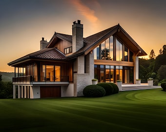 May include: A large, modern home with a wooden exterior and large windows. The home is set on a grassy lawn with a wooded area in the background. The sky is a soft orange and pink color, suggesting sunset.