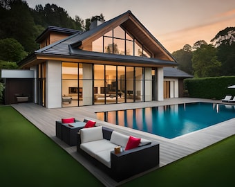 May include: A modern luxury home with a swimming pool and outdoor seating area. The house features large windows, a wooden roof, and a deck. The pool has clear blue water, and the seating area includes black furniture with red pillows.