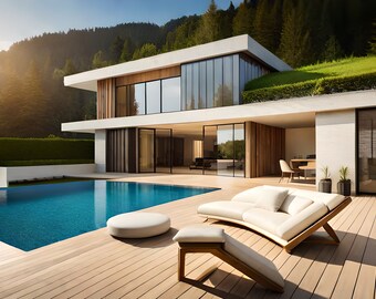 May include: A modern home with a swimming pool and a white couch with cushions on a wooden deck. The home has large windows and a green roof.