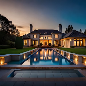 Puede incluir: Una casa grande, blanca, de dos pisos con una piscina en frente. La casa tiene un techo oscuro y una gran puerta de entrada. La piscina está rodeada de una terraza de piedra y tiene luces en el agua.