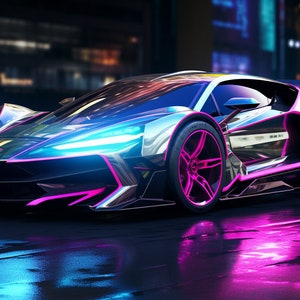 May include: A futuristic, sleek, black sports car with pink accents and glowing blue lights. The car has a low profile and a wide body, with large wheels and a spoiler.