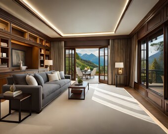 May include: A spacious living room with a large grey sofa, a coffee table, and two end tables. The room has large windows with views of a mountain range and a balcony. The walls are wood paneled and the ceiling has recessed lighting.