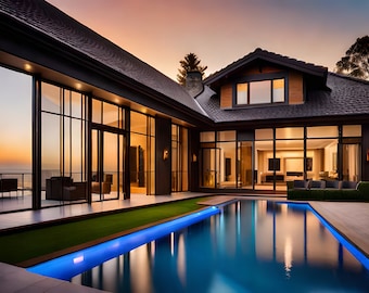 May include: A modern home with a swimming pool and large windows overlooking a sunset. The home has a black exterior with a gray roof and a wooden accent on the upper level. The pool is surrounded by a patio with artificial grass.