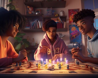 May include: Three friends are playing a board game with colorful dice and game pieces. The game board has a geometric pattern and is lit by warm light. The friends are all smiling and engaged in the game.
