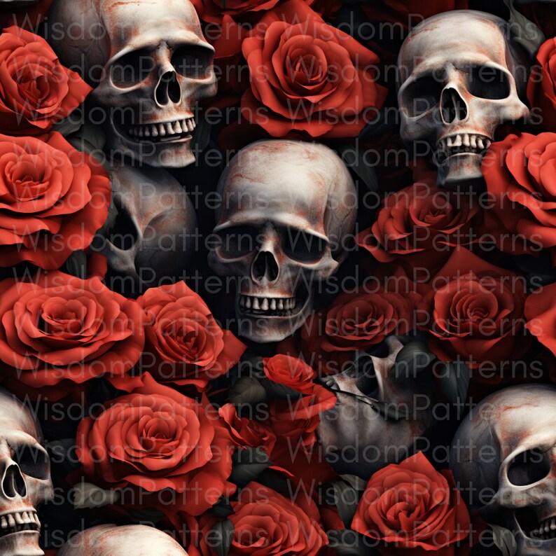 May include: A digitally created seamless pattern featuring skulls and red roses. The skulls are detailed with a weathered appearance, and the roses are a vibrant red against a dark background. The design has a gothic or dark romantic theme.