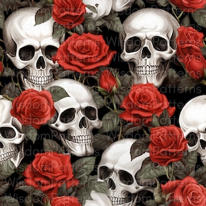 Può includere: Un motivo ripetuto di teschi bianchi e rose rosse con foglie verdi su sfondo nero. Il design presenta un tema gotico o romanticismo oscuro, con illustrazioni dettagliate degli elementi floreali e scheletrici.
