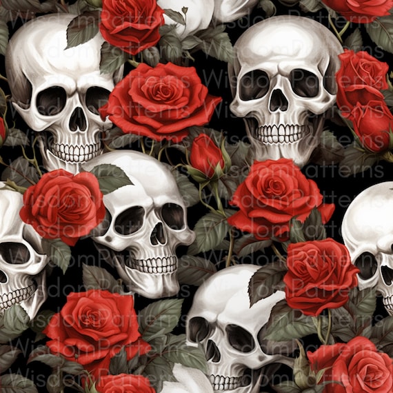 Skull And Roses Seamless Pattern PNG Instant Download Digital Paper Digital Backgrounds Sublimation Pattern PNG