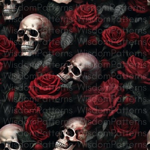 May include: A seamless pattern featuring skulls and red roses on a dark background. The skulls have a weathered appearance, and the roses are in full bloom. The words "Wisdom Patterns" are repeated throughout the design.