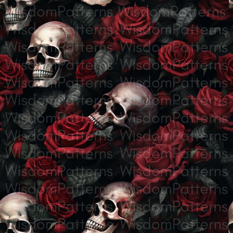May include: A seamless pattern featuring skulls and red roses on a dark background. The skulls have a weathered appearance, and the roses are in full bloom. The words "Wisdom Patterns" are repeated throughout the design.