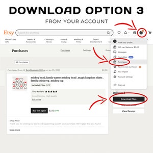 May include: Screenshot of an Etsy purchase confirmation page. The page shows a purchase of Mickey Mouse-themed SVG files. The image highlights the "Purchases" section and the "Download Files" button, with red arrows indicating the navigation.