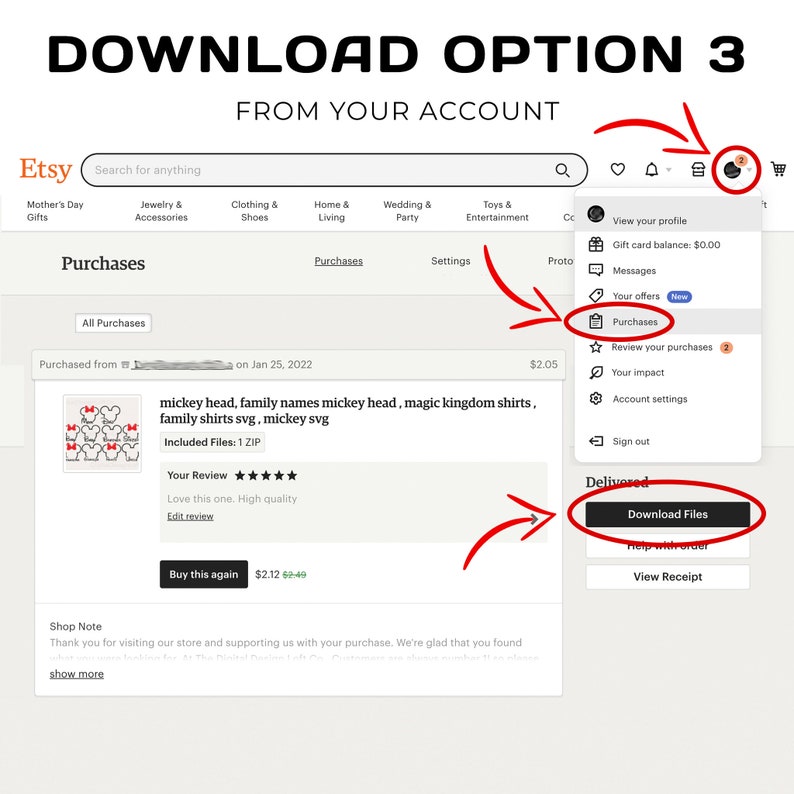 May include: Screenshot of an Etsy purchase confirmation page. The page shows a purchase of Mickey Mouse-themed SVG files. The image highlights the "Purchases" section and the "Download Files" button, with red arrows indicating the navigation.