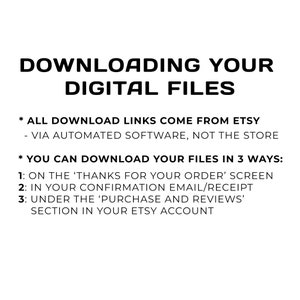 May include: White background with black text that reads "DOWNLOADING YOUR DIGITAL FILES." Additional text explains how to download files from Etsy: on the order screen, in the confirmation email, or in the purchase and reviews section.