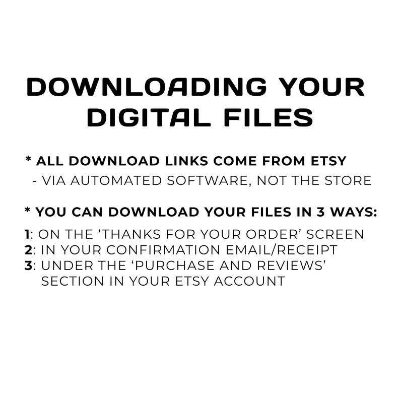 May include: White background with black text that reads "DOWNLOADING YOUR DIGITAL FILES." Additional text explains how to download files from Etsy: on the order screen, in the confirmation email, or in the purchase and reviews section.