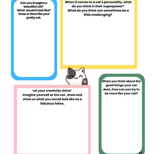May include: A printable worksheet with colorful borders and cartoon cats. The worksheet has prompts for creative writing and drawing activities about cats. The text includes the phrase "Meowndful Moments".