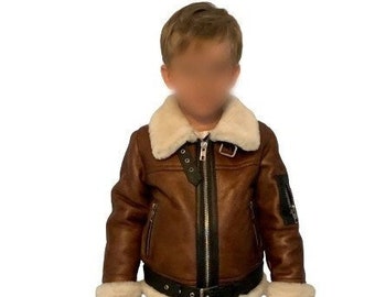 Veste aviateur en laine de mouton pour enfants, veste chaude d'hiver en laine naturelle.