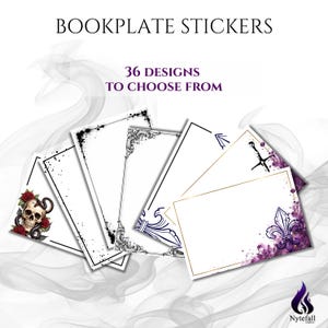 May include: A collection of rectangular bookplate stickers featuring 36 designs to choose from. The stickers display various borders and illustrations, including a skull with roses and a snake, ornate scrollwork, and a purple fleur-de-lis.