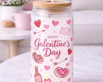 Galentine's Day Frosted Glass Tumbler - Hearts & Bamboo Lid