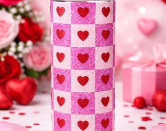 Pink Glitter Heart Tumbler – Stainless Steel 20oz Valentine's Day Gift