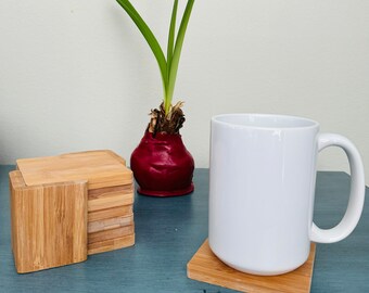 Personalized Bamboo Coasters Set of 6 with Holder - Laser Engraved Eco-Friendly Drink Coasters