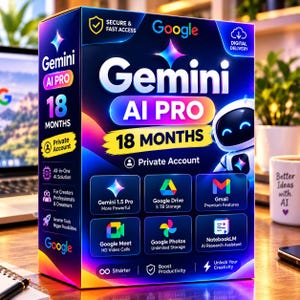 以下が含まれることがあります： Google Gemini AI Proの18ヶ月プライベートアカウントサブスクリプション用長方形パッケージ。濃い青色の箱には、白いロボットのグラフィック、Googleロゴ、Gemini 1.5 Pro、Googleドライブ、Gmail、Meet、フォト、NotebookLMのアイコンが印刷されています。